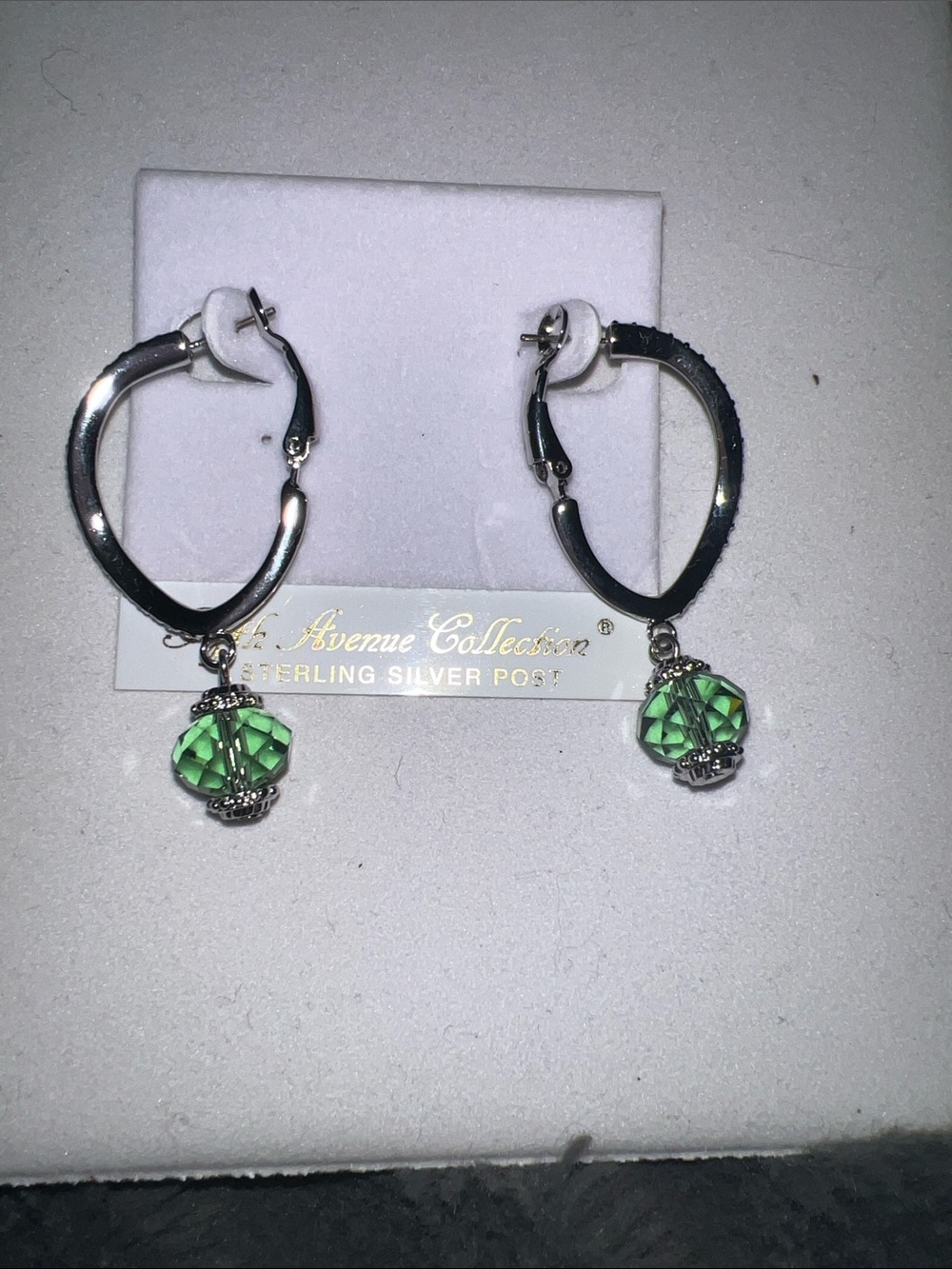 5th Avenue Collection Silver Hoop Earrings with Green Crystal Drops